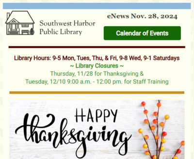 eNews Nov 28 2024 Happy Thanksgiving, Holiday Book Sale & Scallop Raffle and more